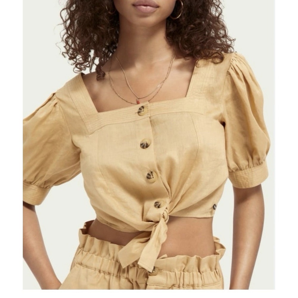 Scotch & Soda Women's Linen Crop Top Small Yellow Tie Front Buttons Short Sleeve